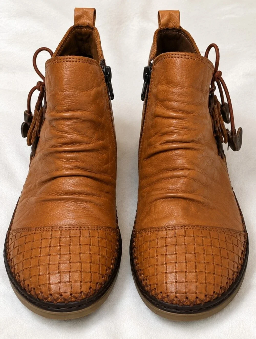 walking step womans  genuine leather cognac woven toe ankle booties size 37 -6M